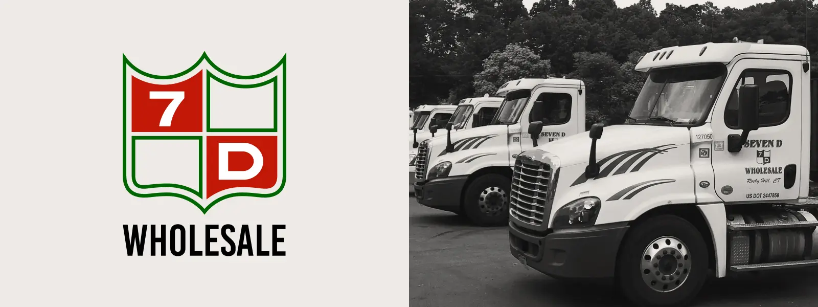 Seven D Wholesale logo with branded trucks